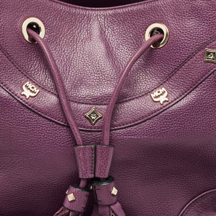 Pre Owned MCM Purple Leather Studded Drawstring Shoulder Bag