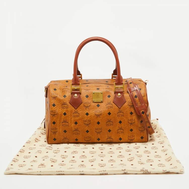 Pre Owned MCM Cognac Visetos Coated Canvas Large Heritage Boston Bag