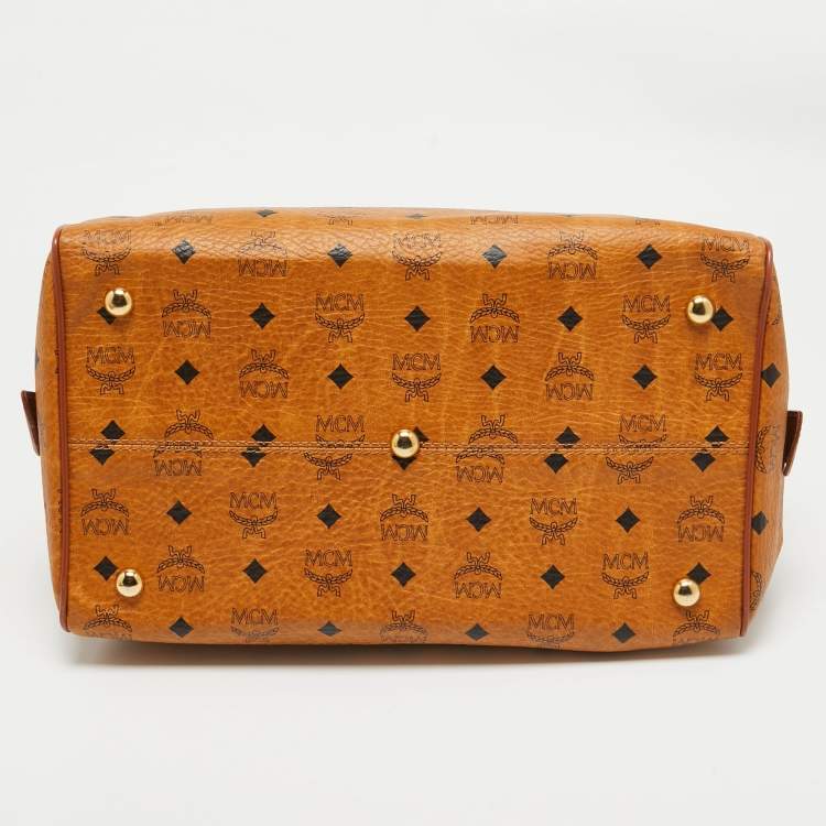 Pre Owned MCM Cognac Visetos Coated Canvas Large Heritage Boston Bag