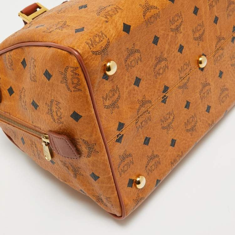 Pre Owned MCM Cognac Visetos Coated Canvas Large Heritage Boston Bag