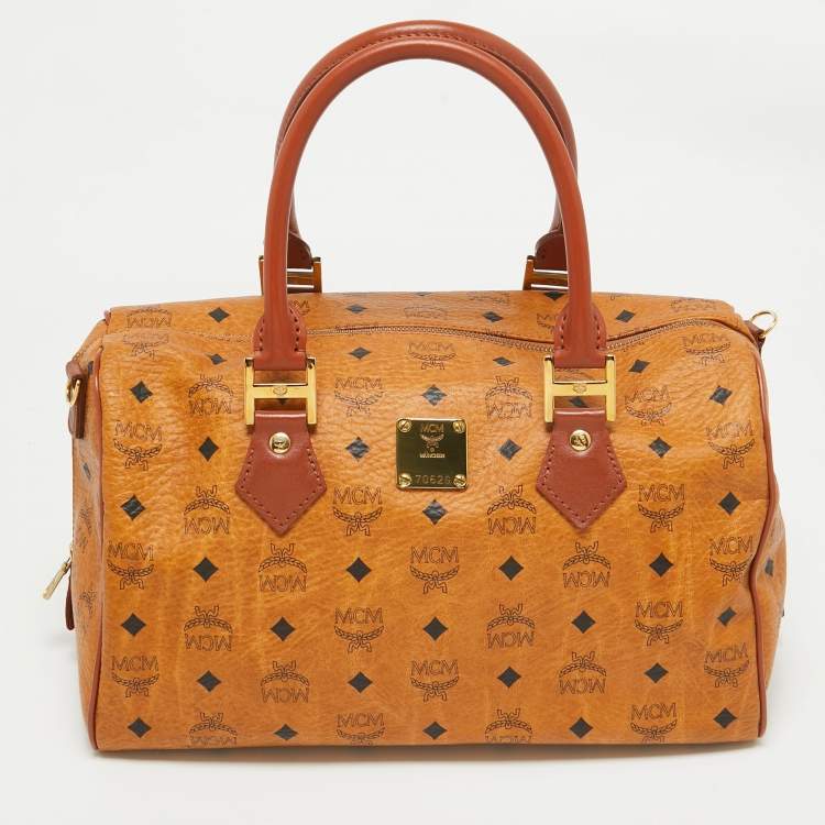 Pre Owned MCM Cognac Visetos Coated Canvas Large Heritage Boston Bag