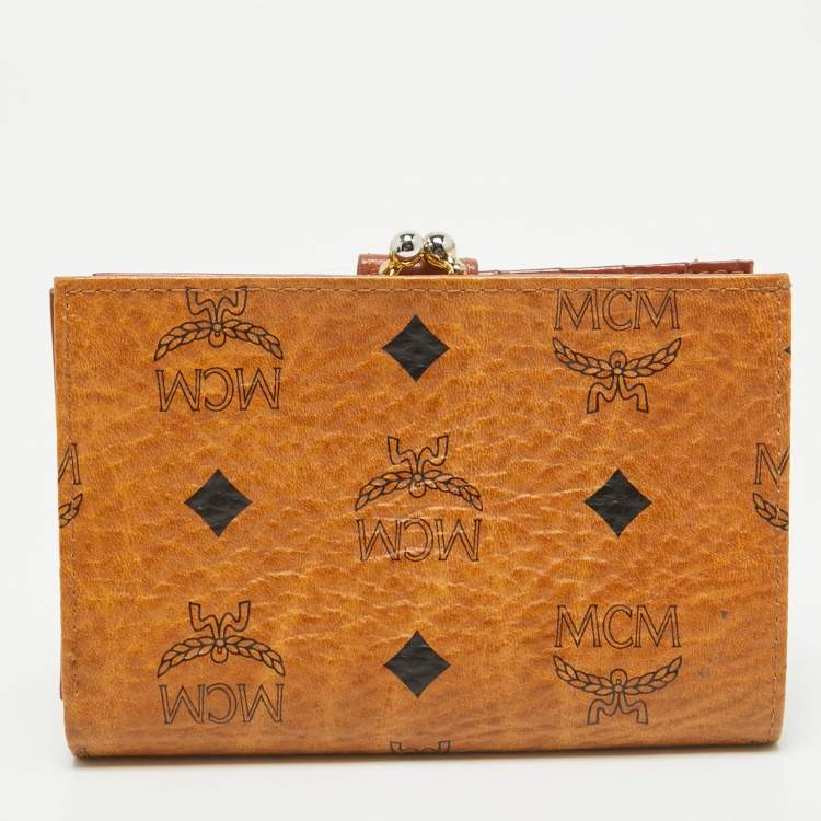 Pre Owned MCM Cognac Visetos Coated Canvas Kisslock Frame French Wallet
