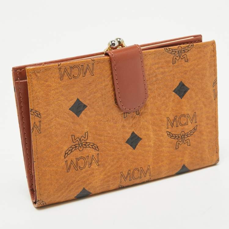 Pre Owned MCM Cognac Visetos Coated Canvas Kisslock Frame French Wallet