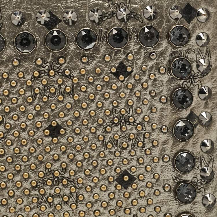 Pre Owned MCM Metallic Grey Leather Crystals Embellished Zip Continental Wallet
