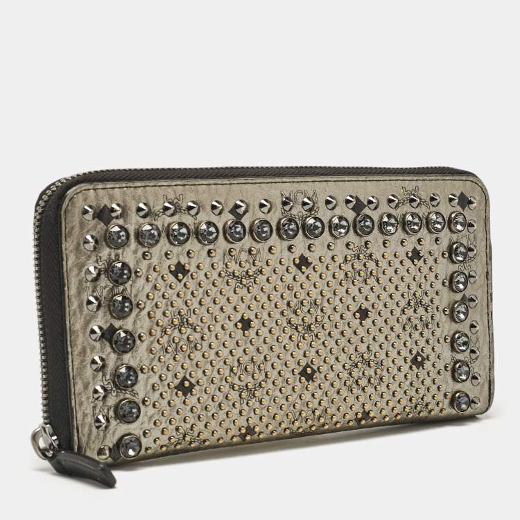 Pre Owned MCM Metallic Grey Leather Crystals Embellished Zip Continental Wallet