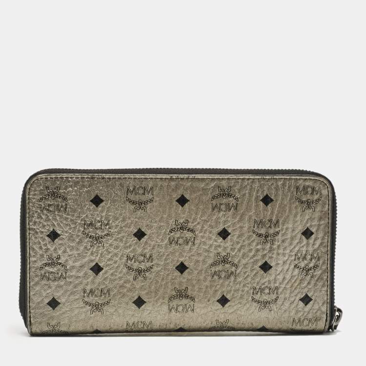 Pre Owned MCM Metallic Grey Leather Crystals Embellished Zip Continental Wallet