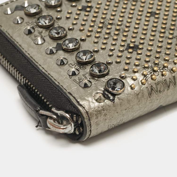 Pre Owned MCM Metallic Grey Leather Crystals Embellished Zip Continental Wallet