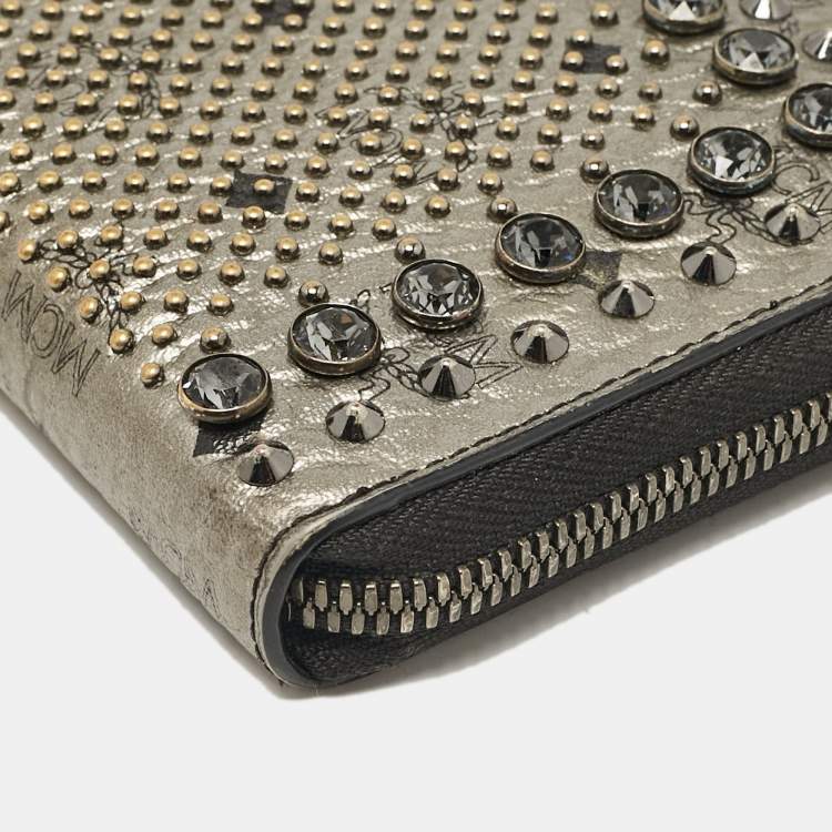 Pre Owned MCM Metallic Grey Leather Crystals Embellished Zip Continental Wallet