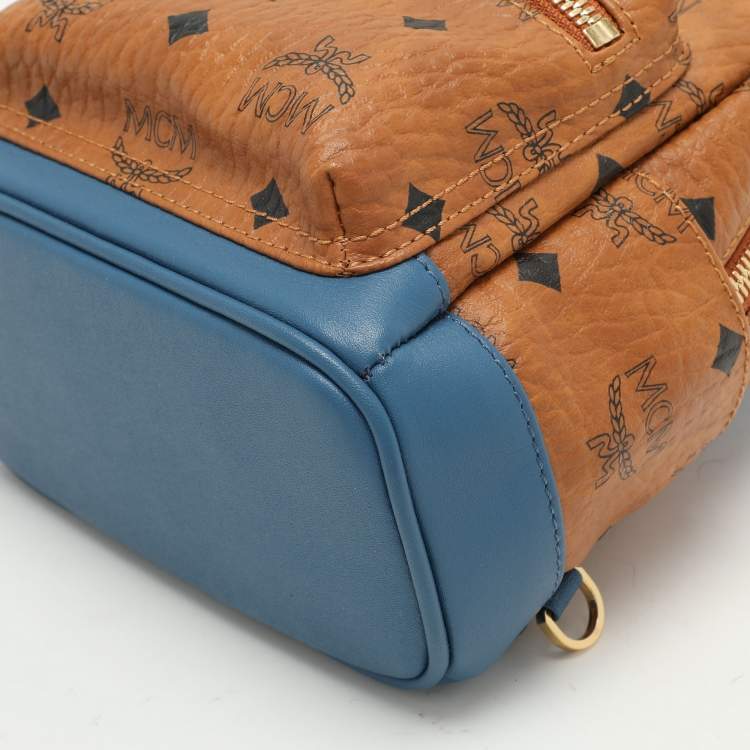 Pre Owned MCM Tan/Blue Cognac Visetos Coated Canvas and Leather Mini Stark Backpack