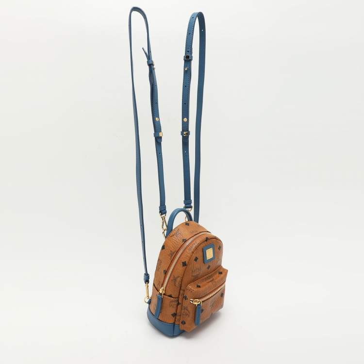 Pre Owned MCM Tan/Blue Cognac Visetos Coated Canvas and Leather Mini Stark Backpack