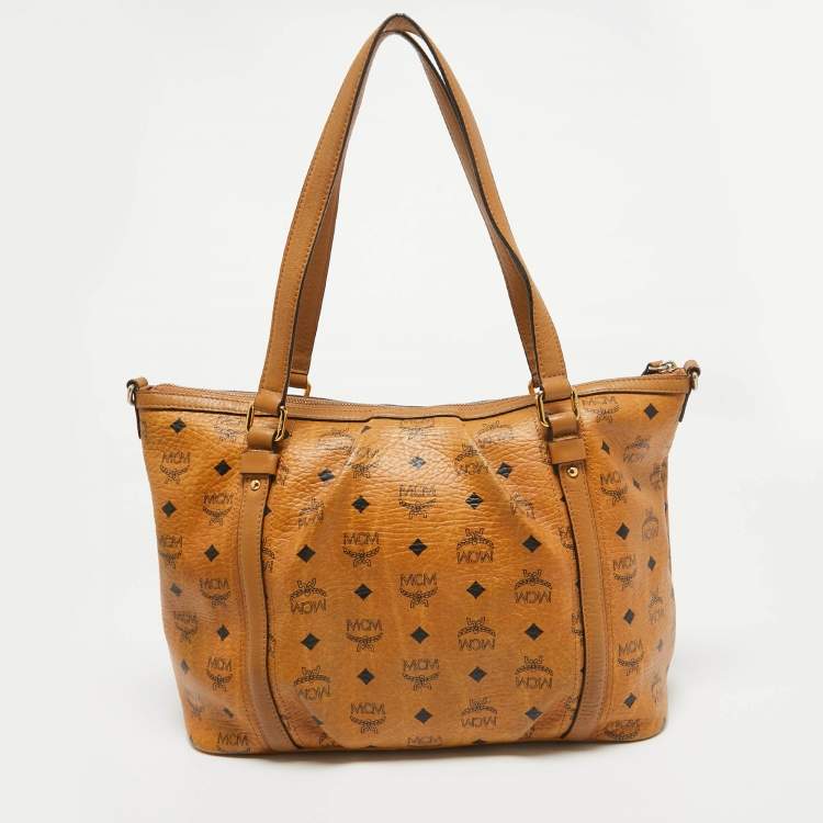 Pre Owned MCM Cognac Visetos Coated Canvas and Leather Zip Tote