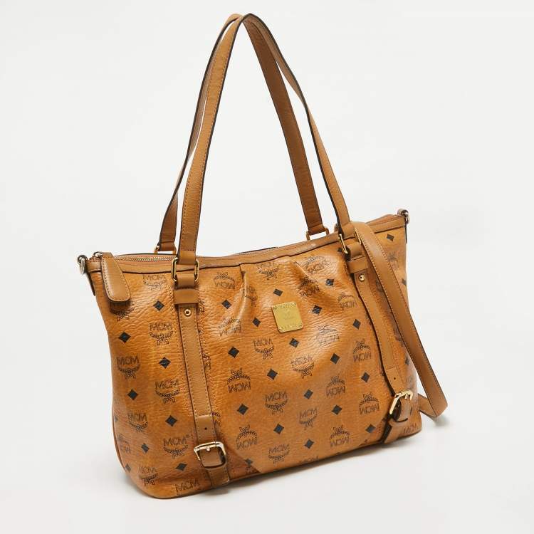 Pre Owned MCM Cognac Visetos Coated Canvas and Leather Zip Tote