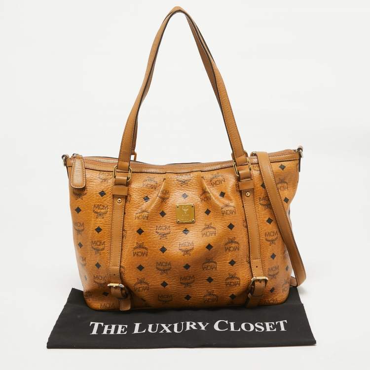 Pre Owned MCM Cognac Visetos Coated Canvas and Leather Zip Tote