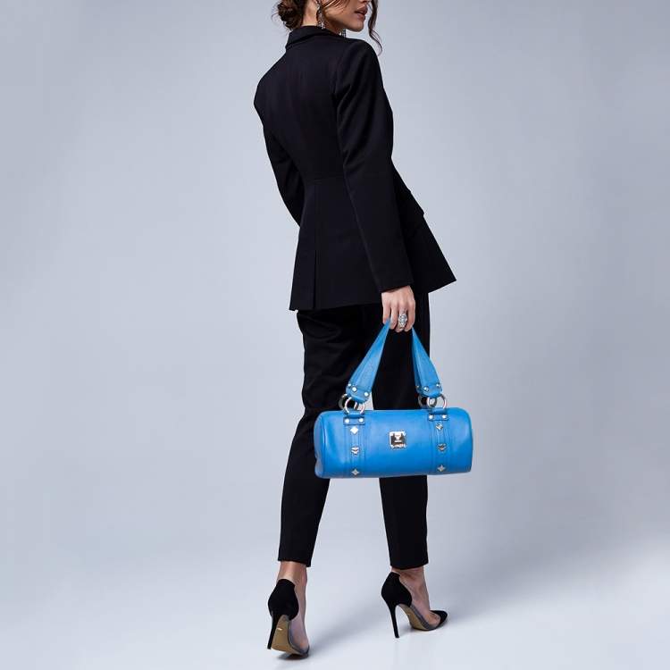 Pre Owned MCM Blue Leather Studded Heritage Barrel Bag