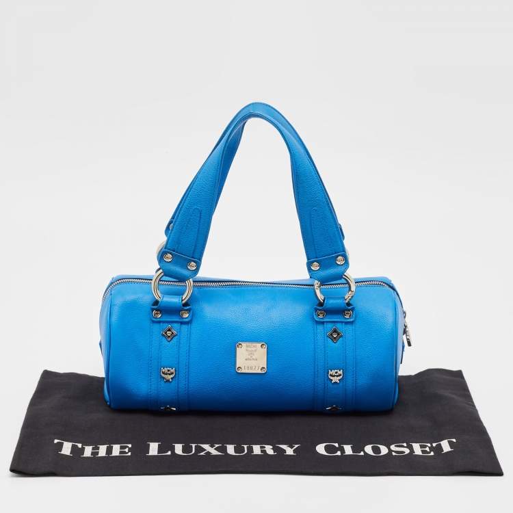 Pre Owned MCM Blue Leather Studded Heritage Barrel Bag