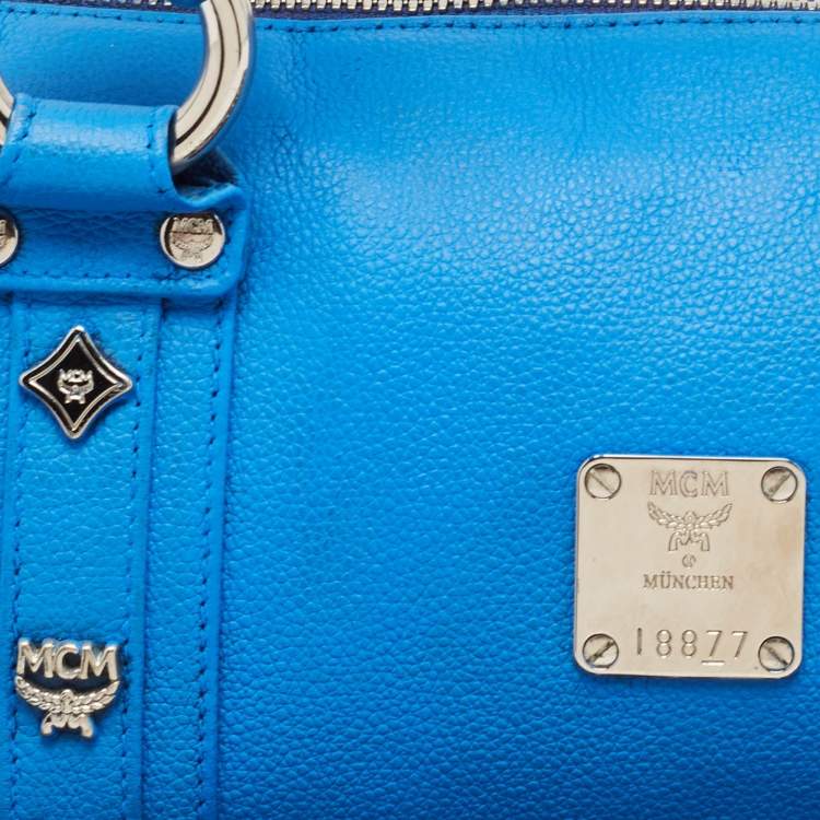 Pre Owned MCM Blue Leather Studded Heritage Barrel Bag
