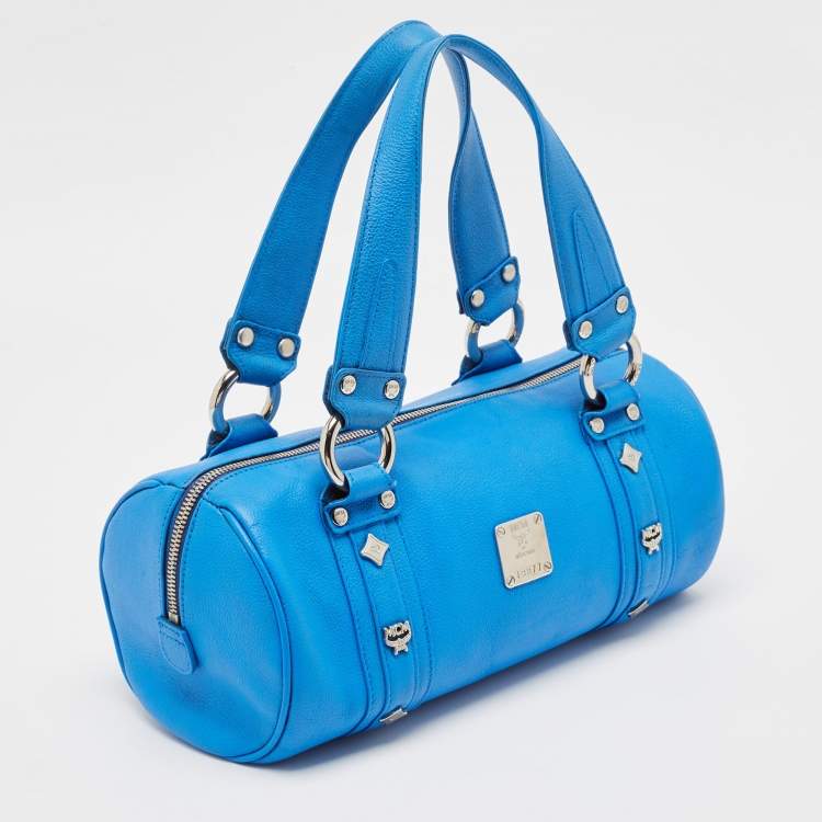 Pre Owned MCM Blue Leather Studded Heritage Barrel Bag