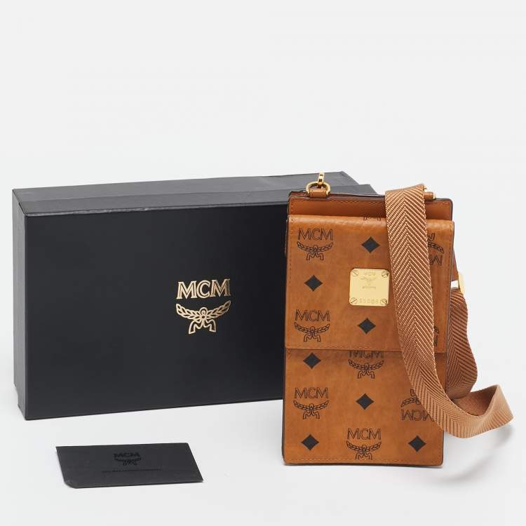 Pre Owned MCM Cognac Visetos Coated Canvas and Leather Phone Crossbody Bag