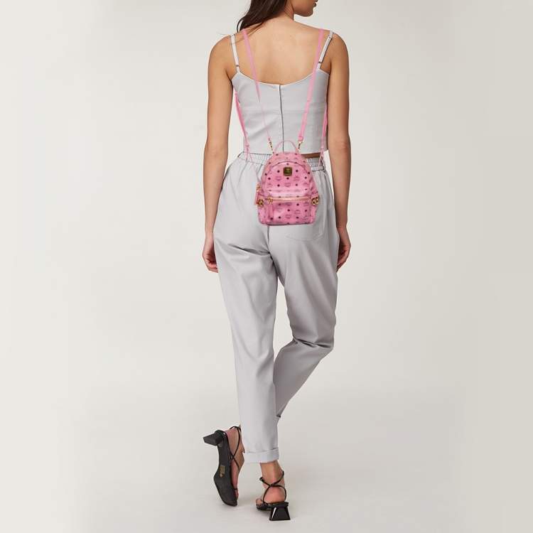 Pre Owned MCM Pink Visetos Coated Canvas and Leather Mini Studded Stark Bebe Boo Backpack