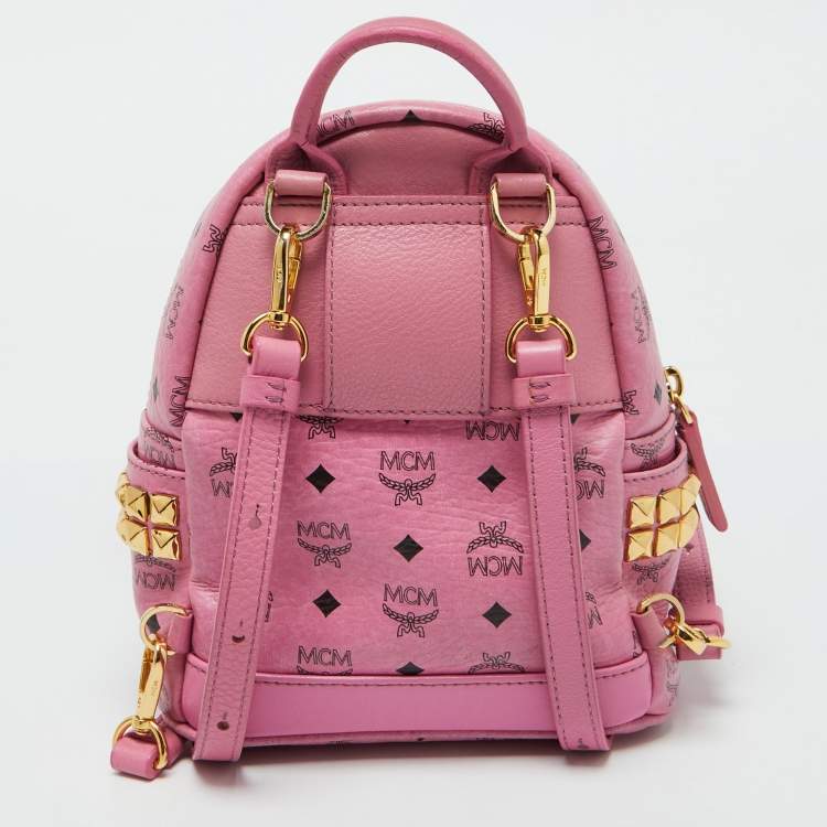 Pre Owned MCM Pink Visetos Coated Canvas and Leather Mini Studded Stark Bebe Boo Backpack