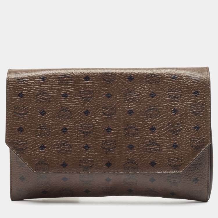 Pre Owned MCM Dark Brown Visetos Coated Canvas and Leather Envelope Clutch