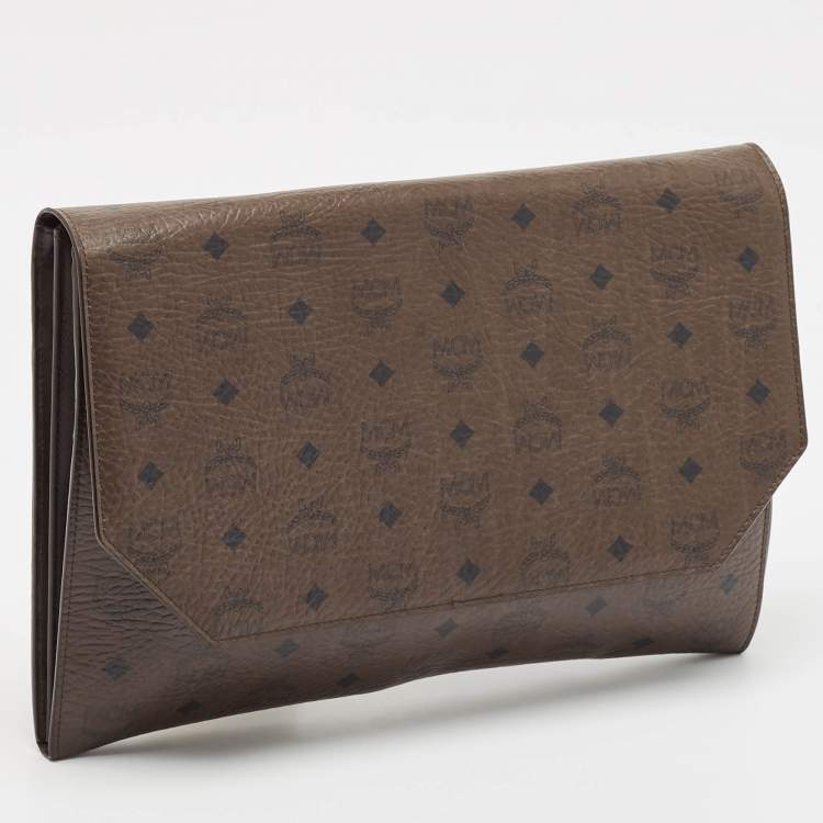 Pre Owned MCM Dark Brown Visetos Coated Canvas and Leather Envelope Clutch