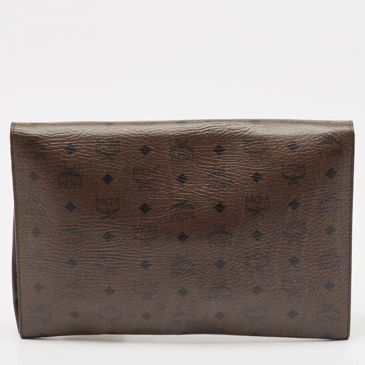 Pre Owned MCM Dark Brown Visetos Coated Canvas and Leather Envelope Clutch