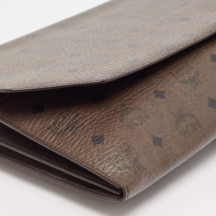 Pre Owned MCM Dark Brown Visetos Coated Canvas and Leather Envelope Clutch