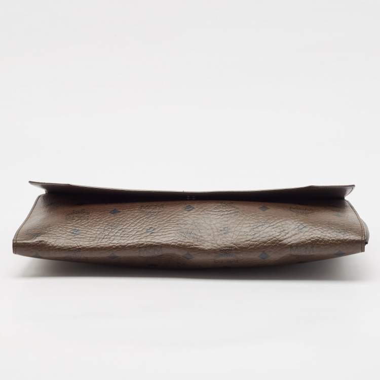 Pre Owned MCM Dark Brown Visetos Coated Canvas and Leather Envelope Clutch