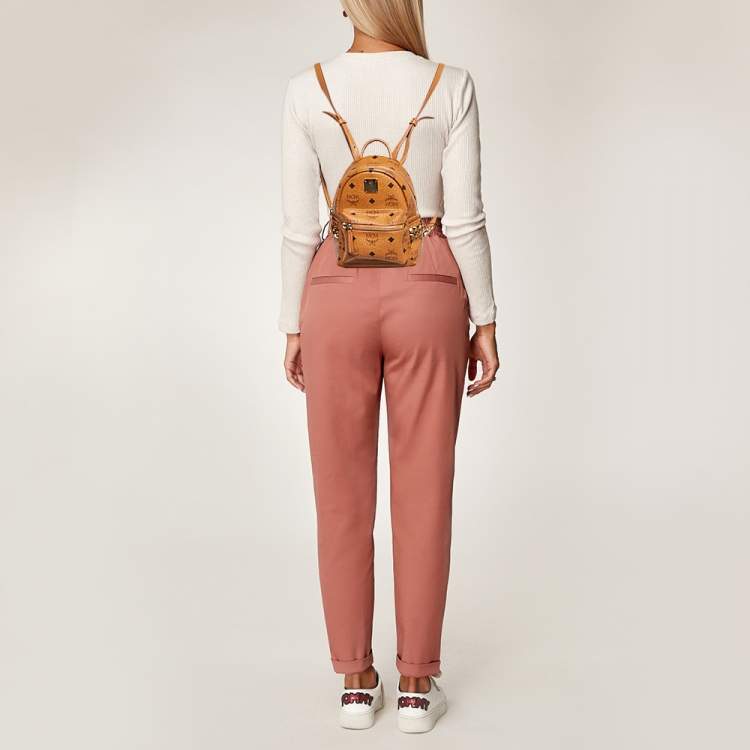 Pre Owned MCM Cognac Visetos Coated Canvas and Leather Mini Stark Bebe Boo Backpack