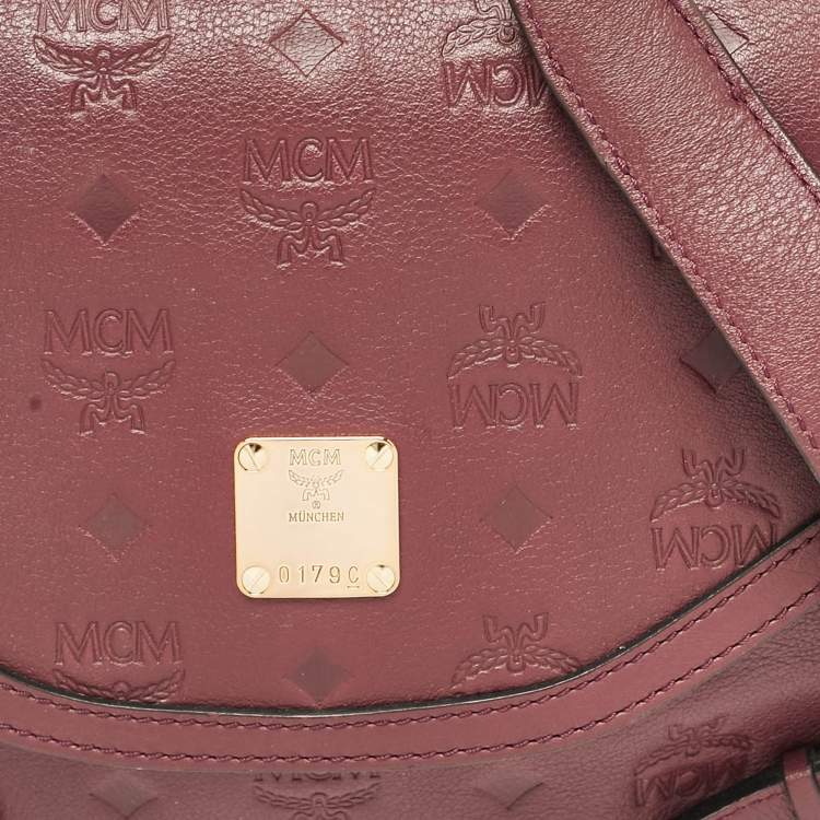 Pre Owned MCM Burgundy Embossed Leather Flap Top Handle Bag 