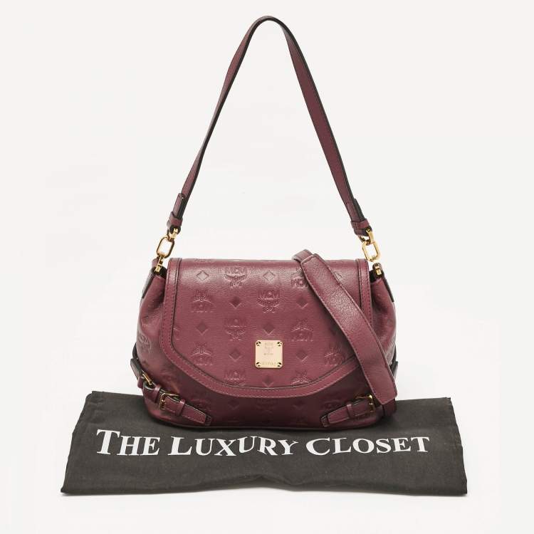 Pre Owned MCM Burgundy Embossed Leather Flap Top Handle Bag 