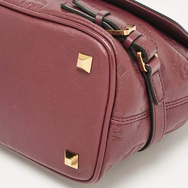 Pre Owned MCM Burgundy Embossed Leather Flap Top Handle Bag 