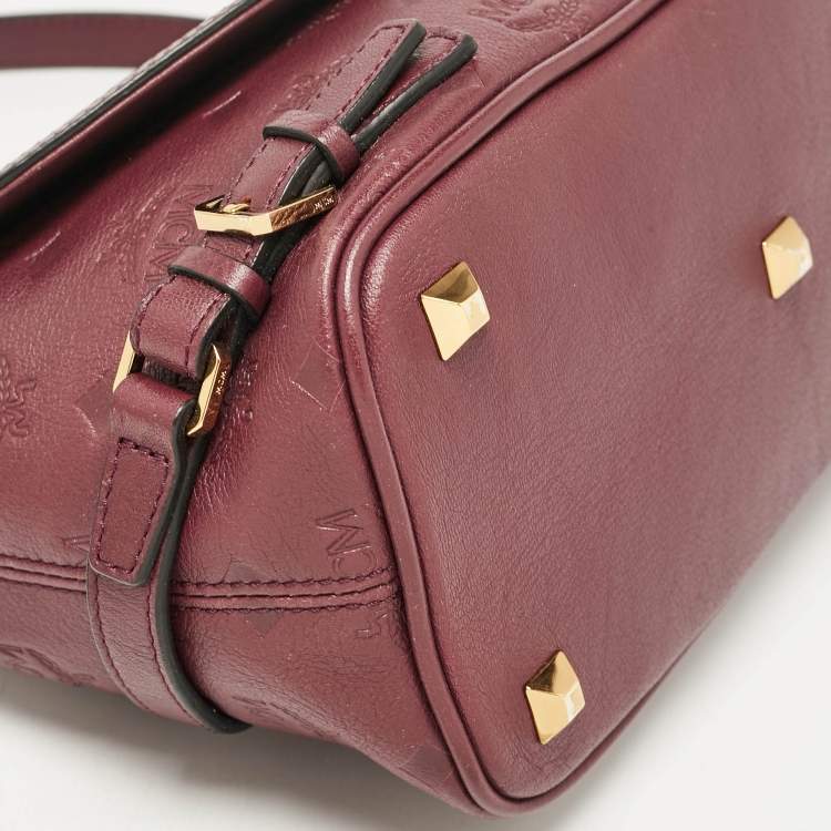 Pre Owned MCM Burgundy Embossed Leather Flap Top Handle Bag 