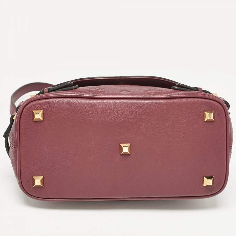 Pre Owned MCM Burgundy Embossed Leather Flap Top Handle Bag 