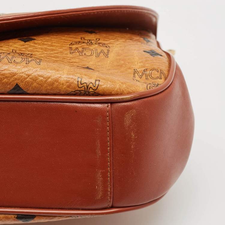 Pre Owned MCM Cognac Visetos Coated Canvas and Leather Messenger Flap Bag