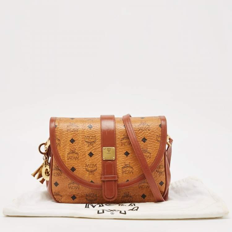 Pre Owned MCM Cognac Visetos Coated Canvas and Leather Messenger Flap Bag