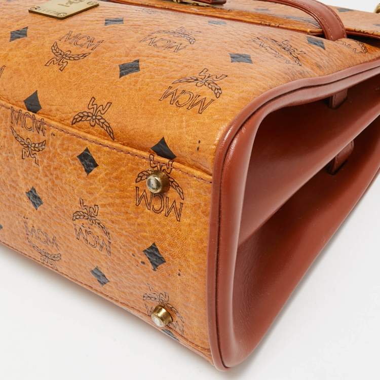 Pre Owned MCM Cognac Visetos Coated Canvas Heritage Top Handle Bag