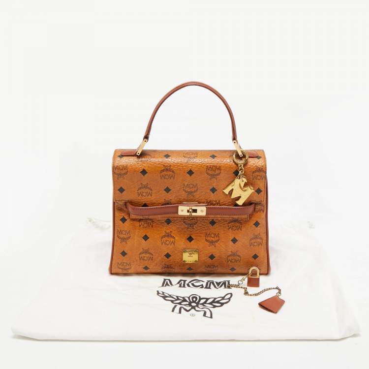 Pre Owned MCM Cognac Visetos Coated Canvas Heritage Top Handle Bag