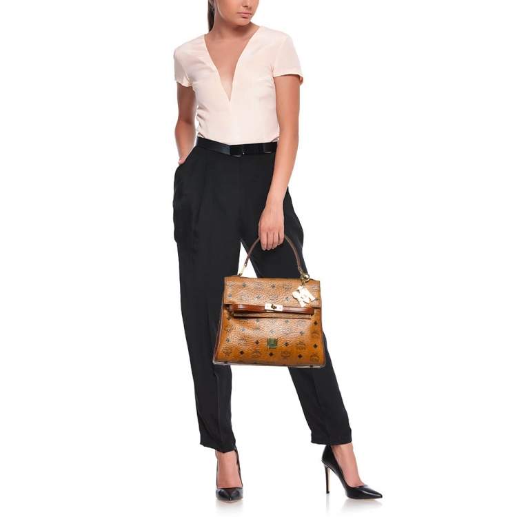 Pre Owned MCM Cognac Visetos Coated Canvas Heritage Top Handle Bag