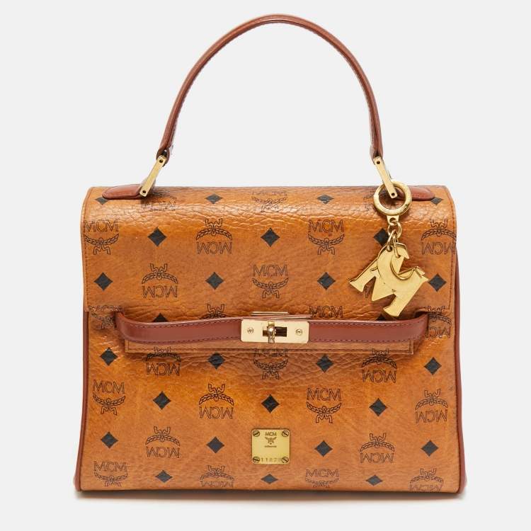 Pre Owned MCM Cognac Visetos Coated Canvas Heritage Top Handle Bag