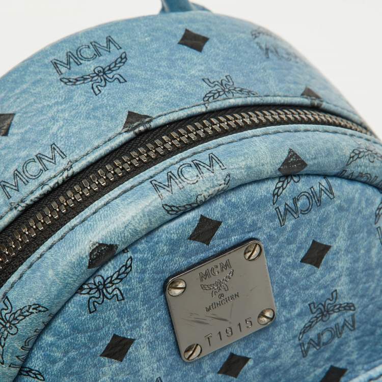 Pre Owned MCM Blue Visetos Coated Canvas and Leather Side Stud X-Mini Stark Bebe Boo Backpack