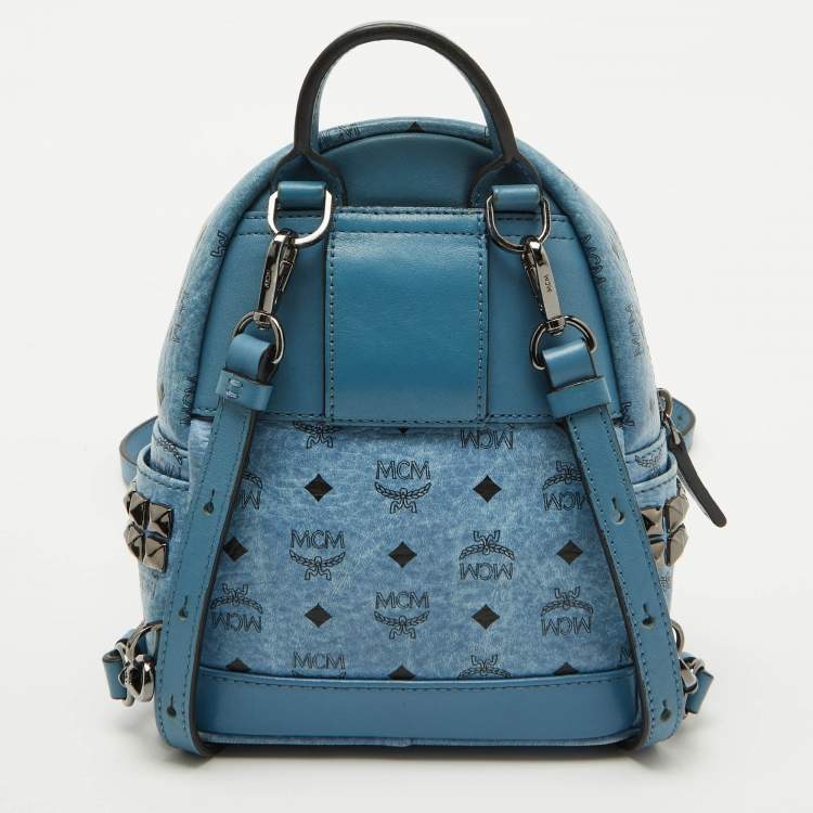 Pre Owned MCM Blue Visetos Coated Canvas and Leather Side Stud X-Mini Stark Bebe Boo Backpack