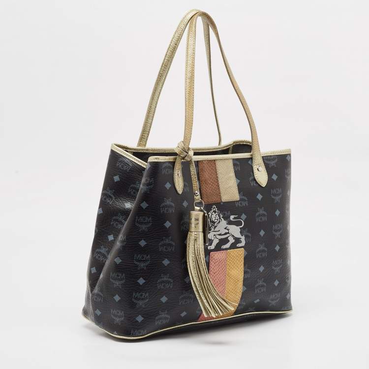 Pre Owned MCM Black/Gold Visetos Coated Canvas and Leather Princess Lion Tote