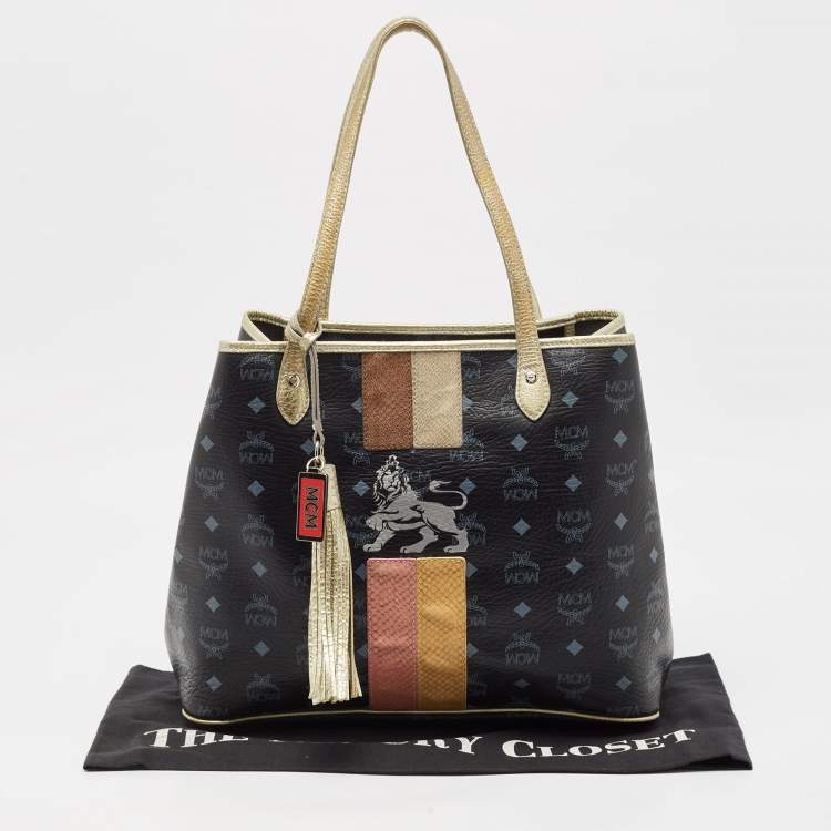 Pre Owned MCM Black/Gold Visetos Coated Canvas and Leather Princess Lion Tote