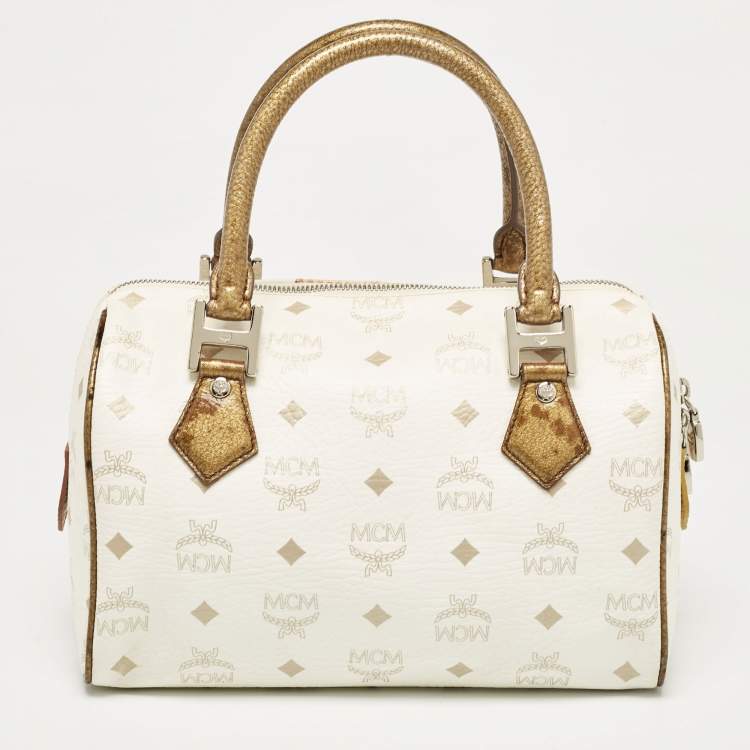 Pre Owned MCM White/Gold Visetos Coated Canvas and Lizard Embossed Leather Princess Lion Boston Bag