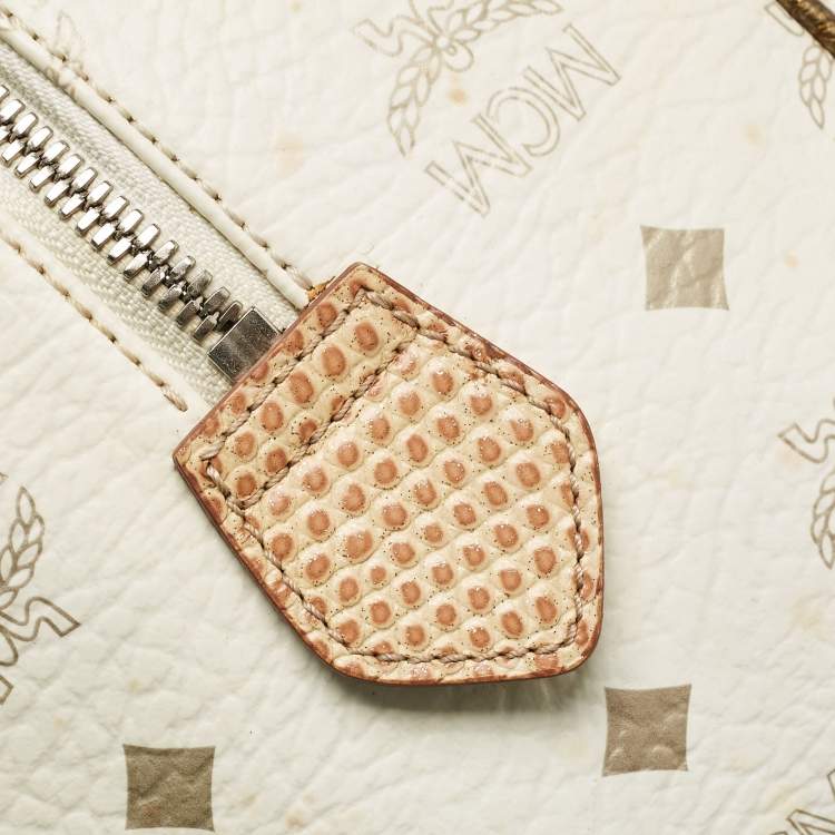 Pre Owned MCM White/Gold Visetos Coated Canvas and Lizard Embossed Leather Princess Lion Boston Bag