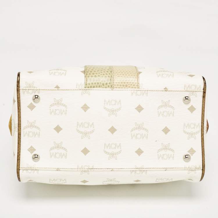 Pre Owned MCM White/Gold Visetos Coated Canvas and Lizard Embossed Leather Princess Lion Boston Bag
