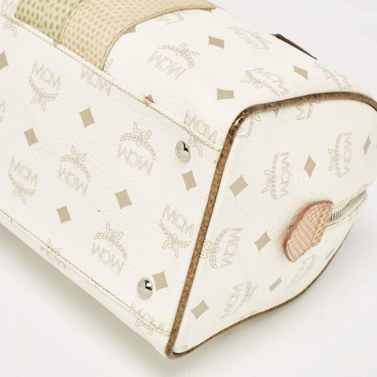 Pre Owned MCM White/Gold Visetos Coated Canvas and Lizard Embossed Leather Princess Lion Boston Bag