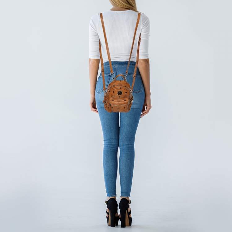 Pre Owned MCM Tan Cognac Visetos Coated Canvas and Leather Mini Stark Backpack